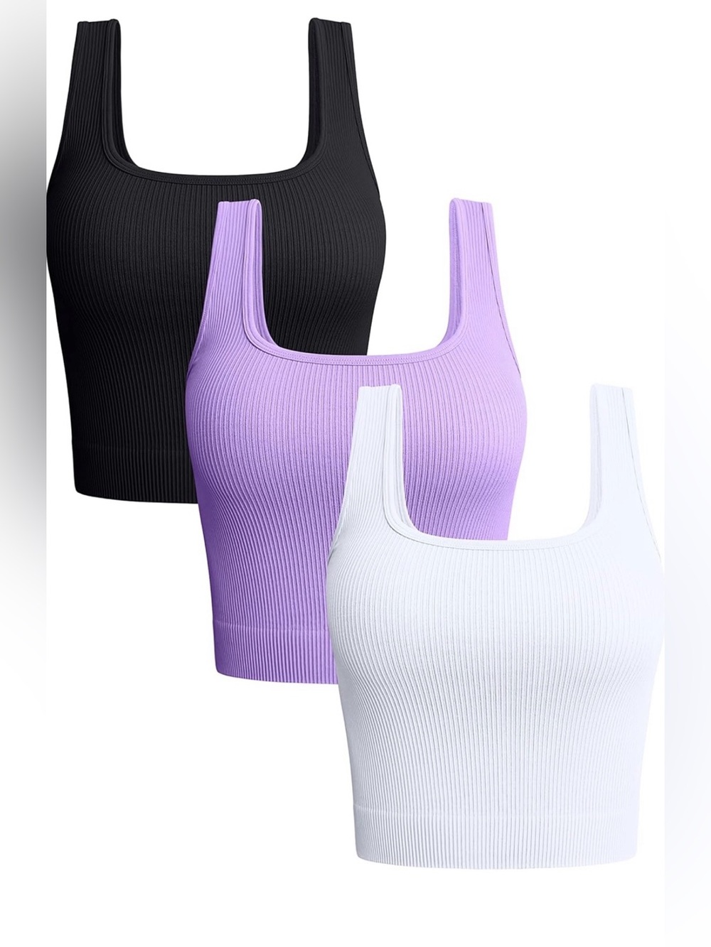 OQQ Ribbed Square-Neck Tank Top Trio - White, Lavender & Black NWT
